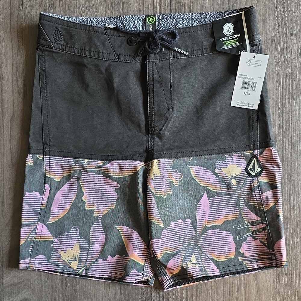 Volcom Black and Pink Floral Swim Shorts